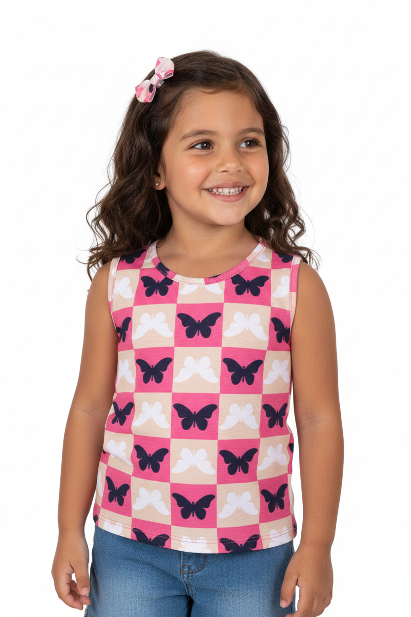 Camiseta Regata Infantil Meninas Estampa Borboletas Pink