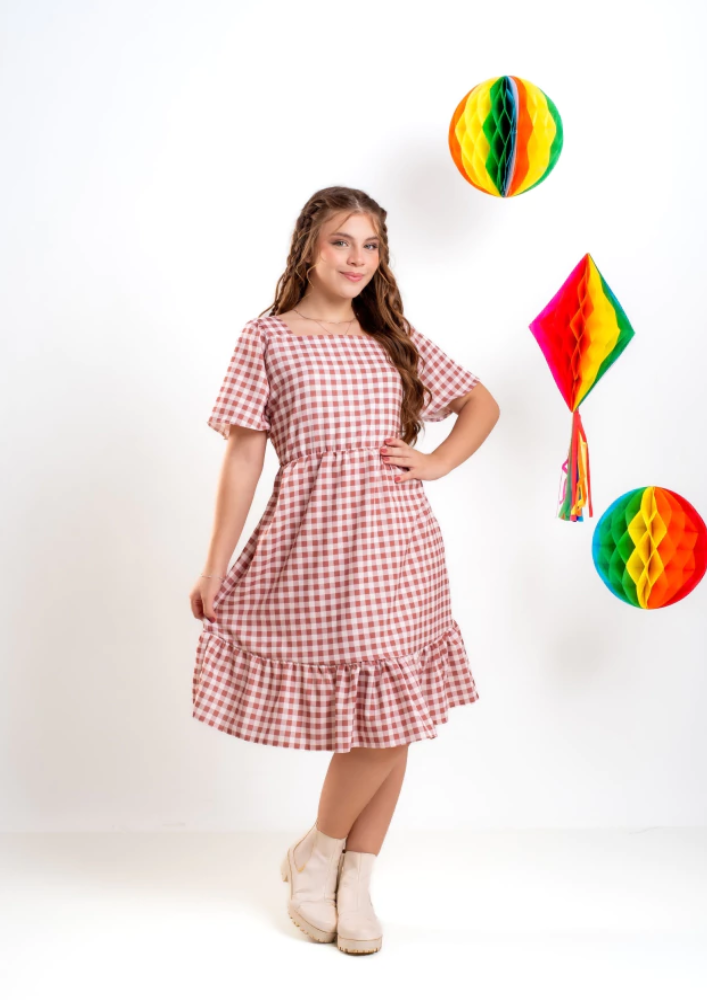 Vestido Xadrez Juvenil com Manga Básica para Quadrilha
