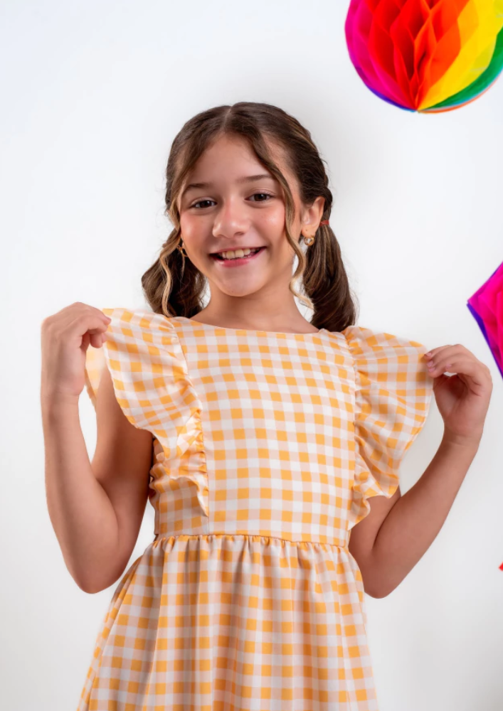 Vestido Infantil Festa Junina Xadrez Midi Amarelo