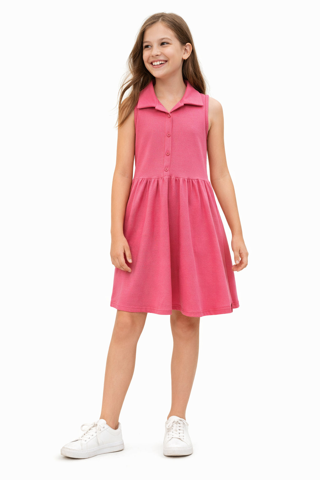 Vestido Teen Evasê Com Botões Malha Pink
