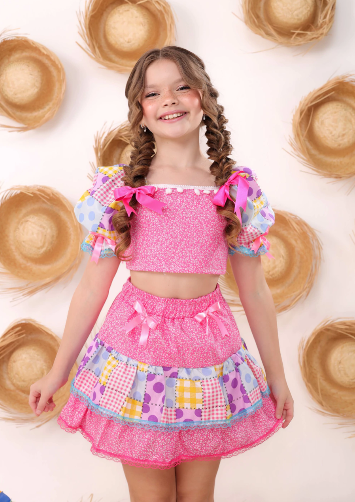 Conjunto Infantil Saia e Cropped Festa Junina Xadrez Rosa