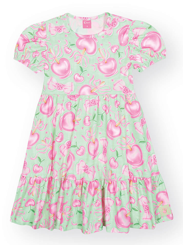 Vestido Infantil Cinti Rosa Estampa Maçãs e Laços Malha Soft Confort