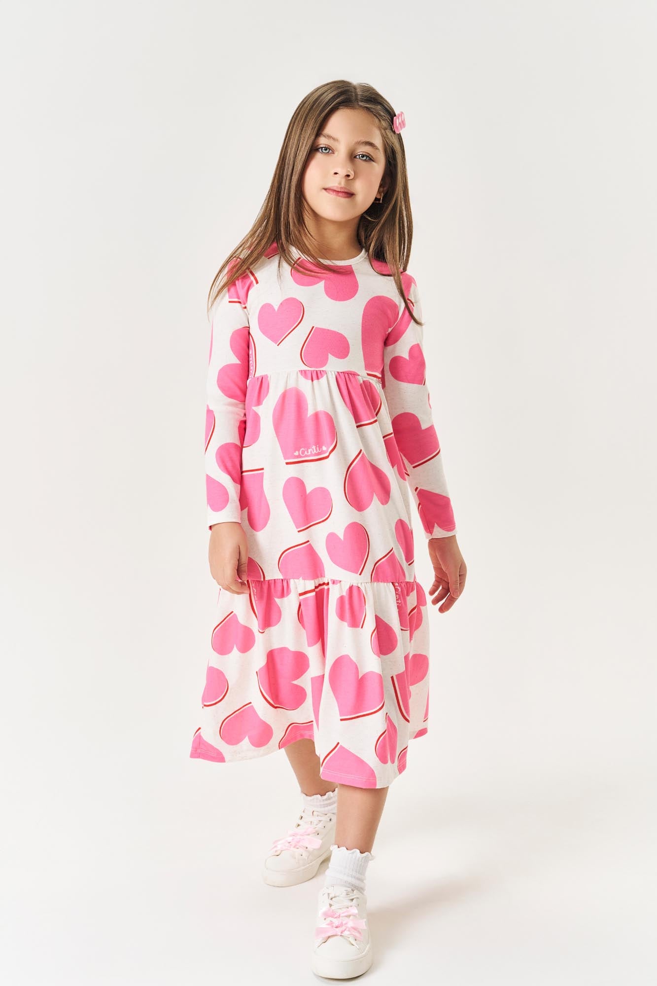 Vestido Midi Infantil Manga Longa Estampa Coração Cinti