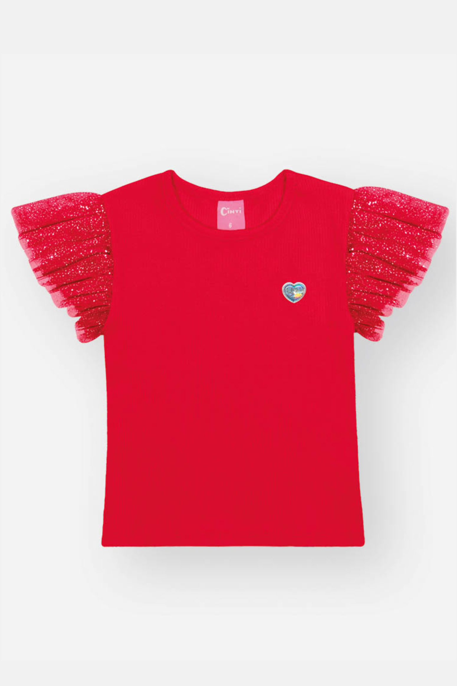 Blusa Canelada Cinti Coração Infantil Feminina Manga de Tule