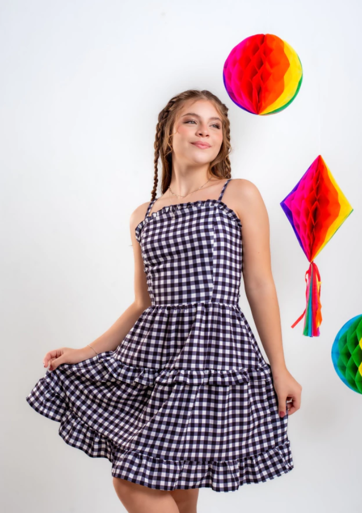 Vestido Teen Xadrez Preto Quadriculado Festa Junina Arraial Quadrilha