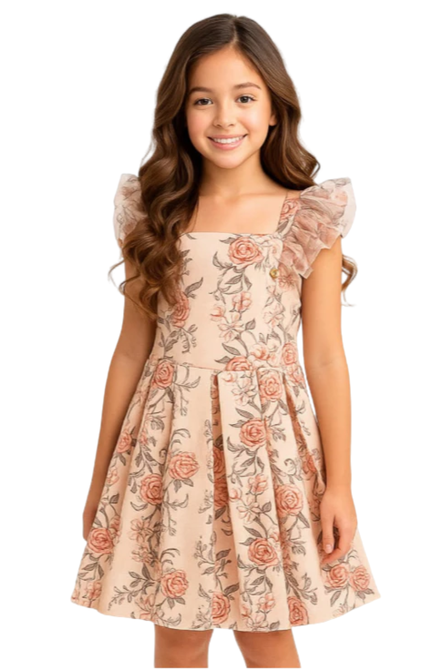 Vestido Infantil Salmão Floral com Mangas em Tule e Saia Rodada – Kiki Xodó