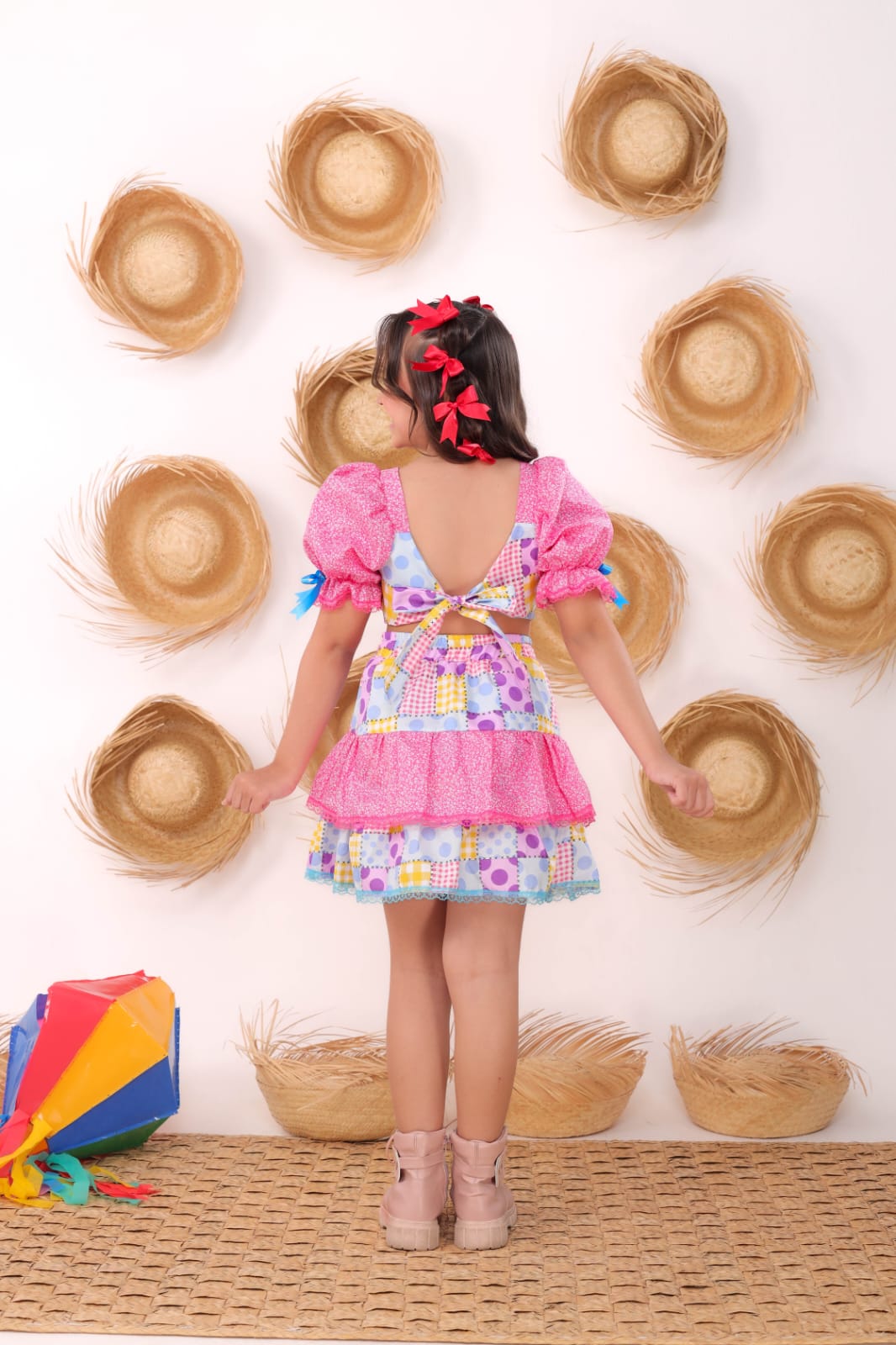 Conjunto Infantil Saia e Cropped Festa Junina Xadrez Laço Azul