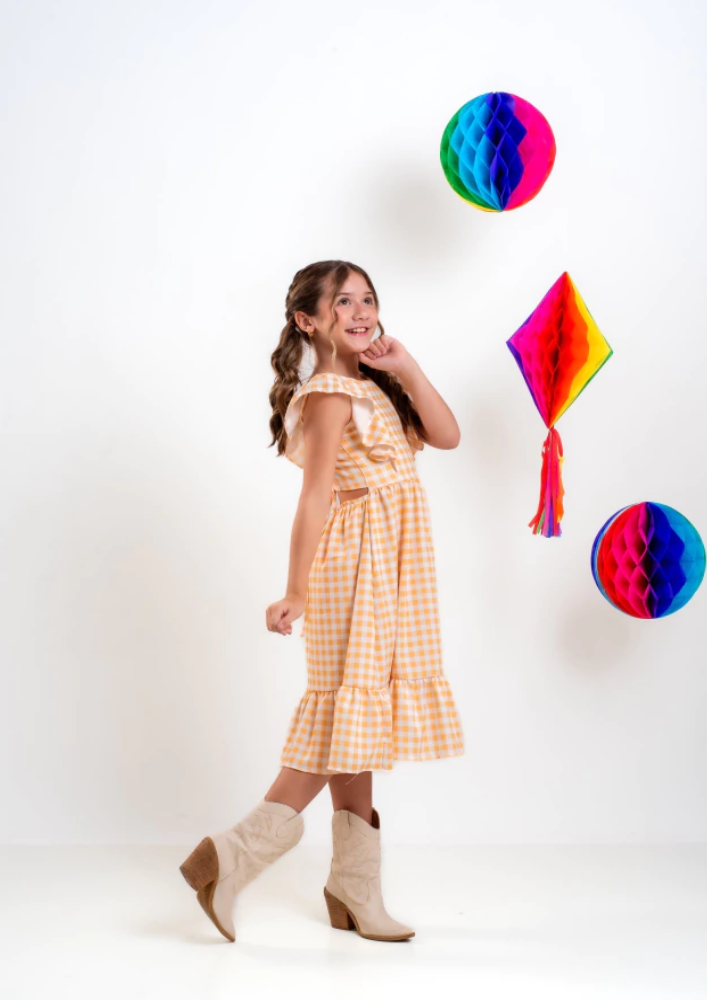 Vestido Infantil Festa Junina Xadrez Midi Amarelo