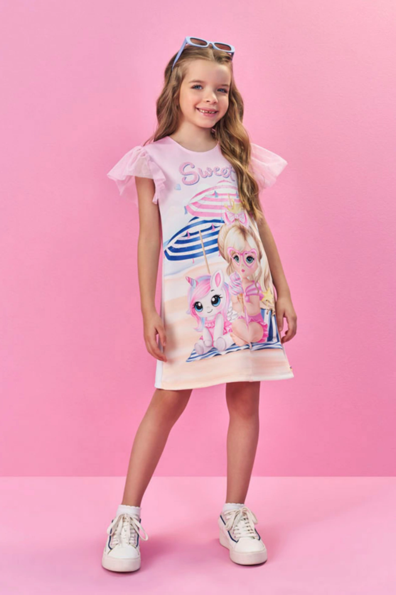 Vestido em Neoprene Infantil Meninas Rosa Estampado