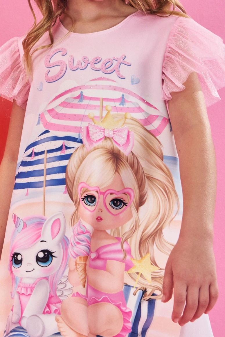 Vestido em Neoprene Infantil Meninas Rosa Estampado