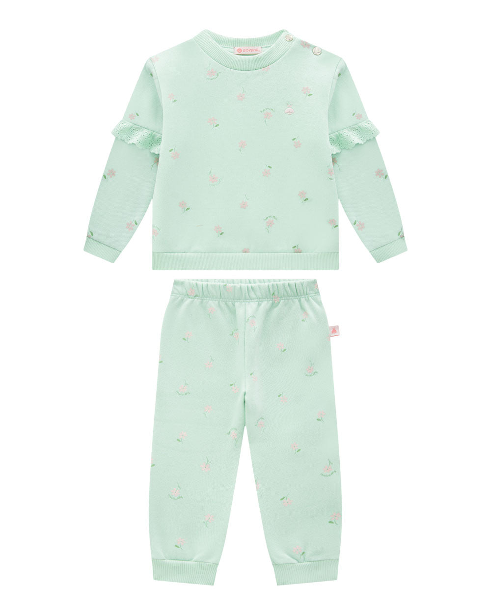 Conjunto Moletom Infantil Baby Menina Flanelado Verde Menta Floral Somnii