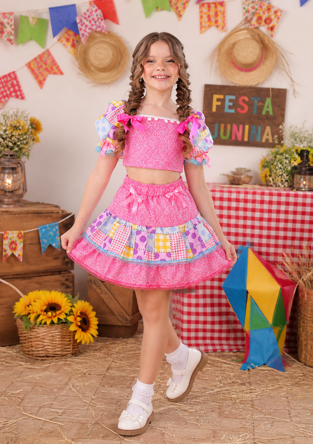 Conjunto Infantil Saia e Cropped Festa Junina Xadrez Rosa
