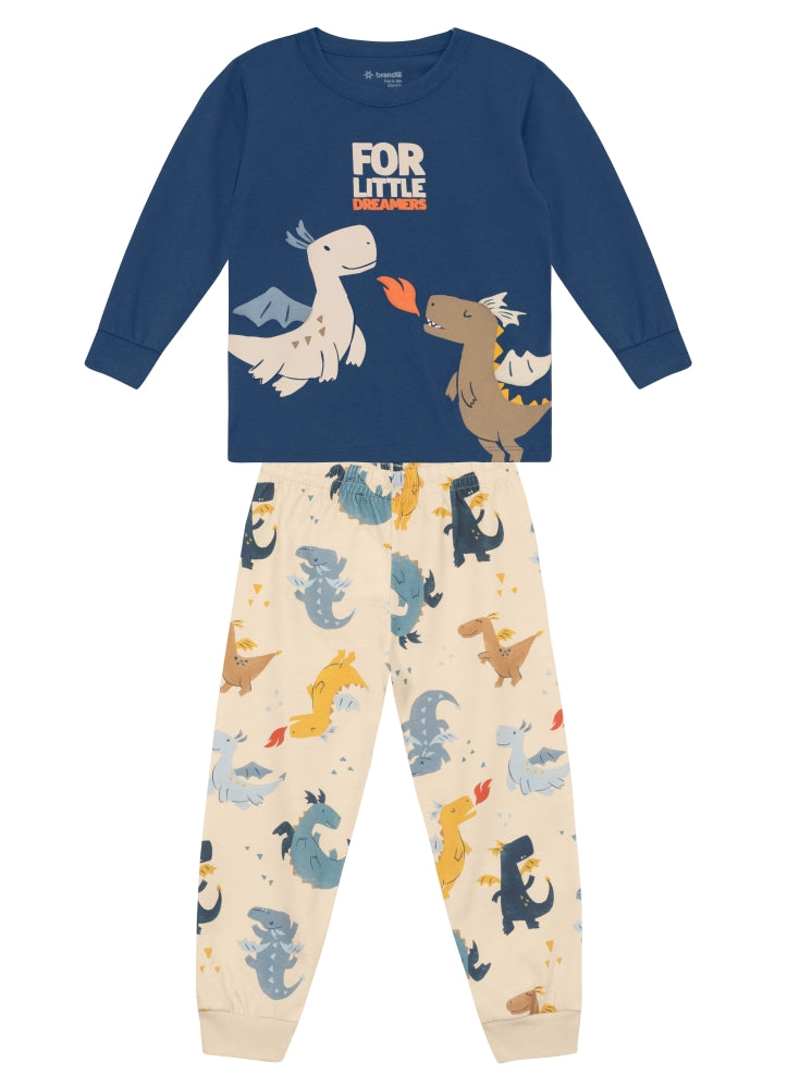 Pijama Infantil Meninos Manga Longa em Algodão Azul Brandili