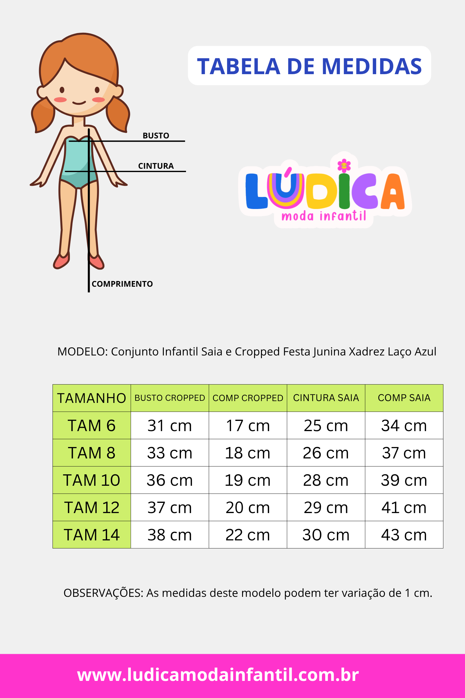 Conjunto Infantil Saia e Cropped Festa Junina Xadrez Rosa