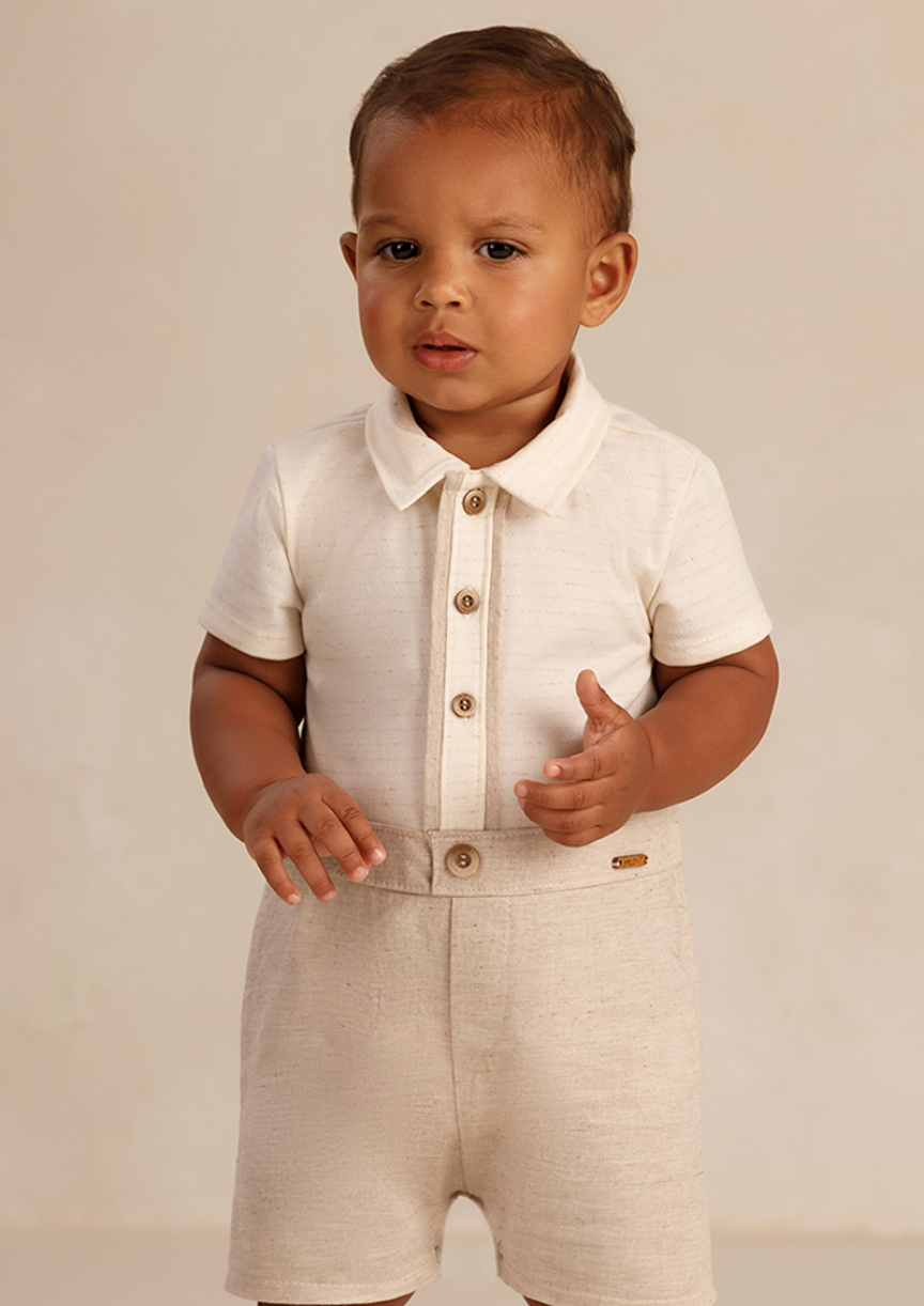 Macaquinho de verão para bebê menino com gola e botões estilo camisa na Lúdica Moda Infantil.
