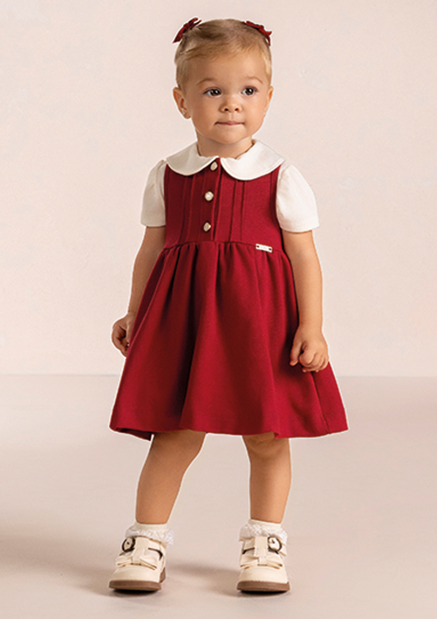Salopete baby de festa com blusa de manga curta em Jacquard texturizado na Lúdica Moda Infantil.