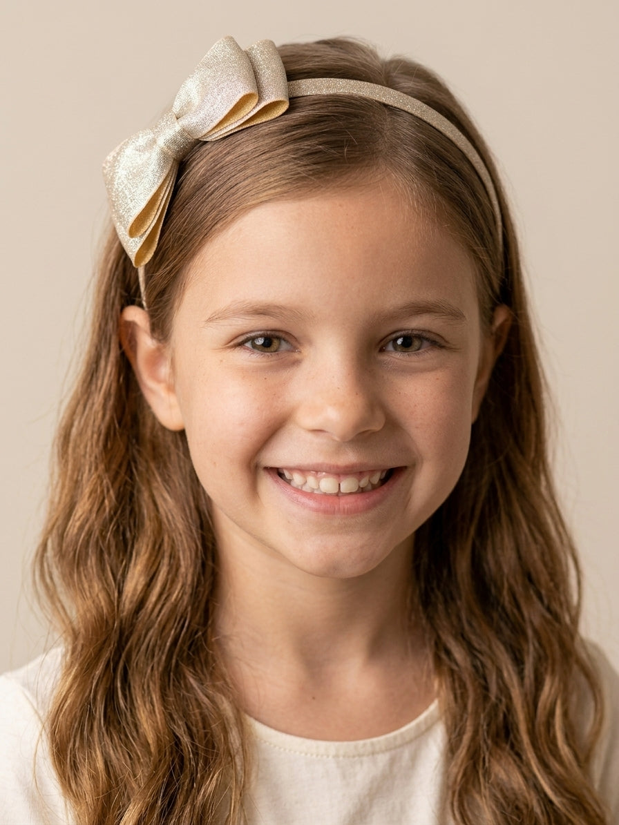 Tiara arquinho infantil com laço brilhoso dourado para festas na Lúdica Moda Infantil.