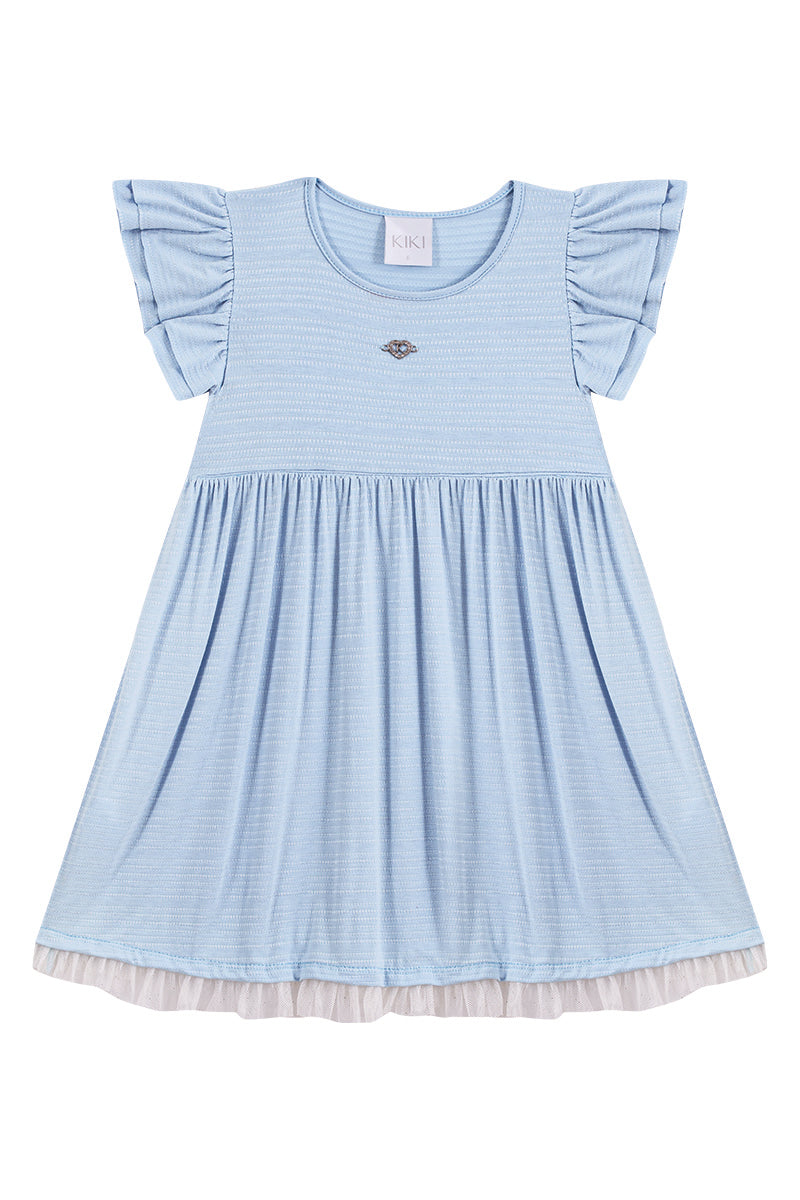 Vestido infantil azul e delicado com saia marias rodada e barra de tule leve.