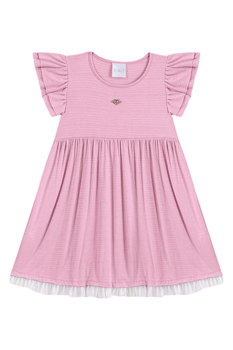 Vestido infantil rosa e delicado com saia marias rodada e barra de tule leve.