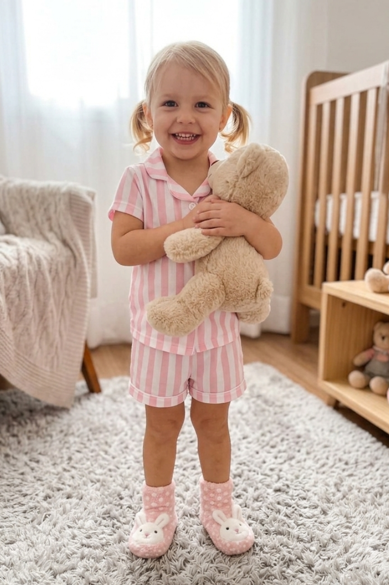 Pijama Americano Meninas Manga Curta Infantil Listrado Rosa