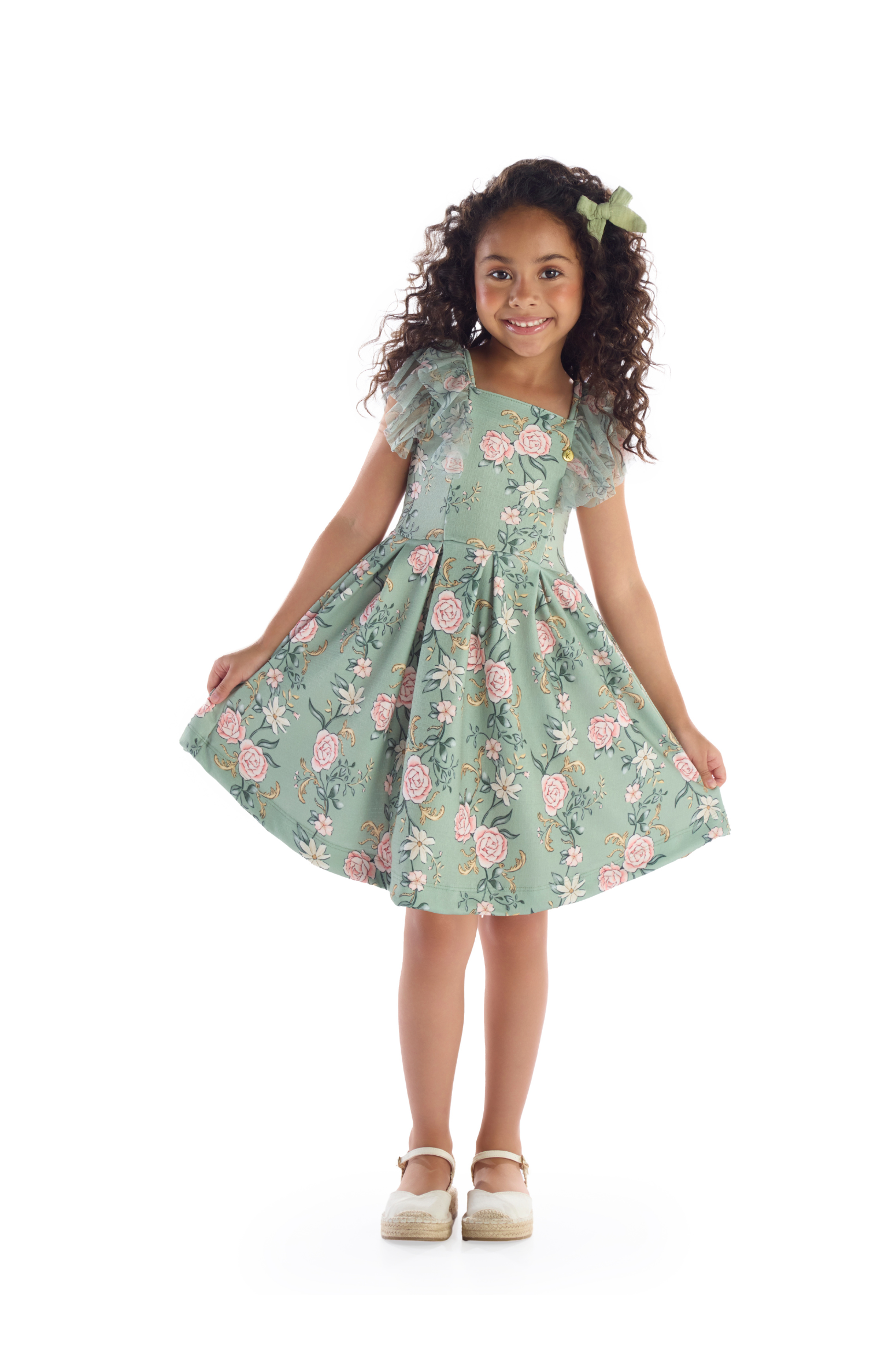 Vestido Infantil Verde Floral com Mangas em Tule e Saia Rodada - Kiki Xodó