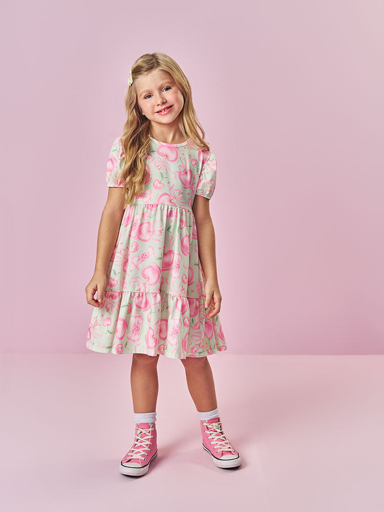 Vestido Infantil Cinti Rosa Estampa Maçãs e Laços Malha Soft Confort