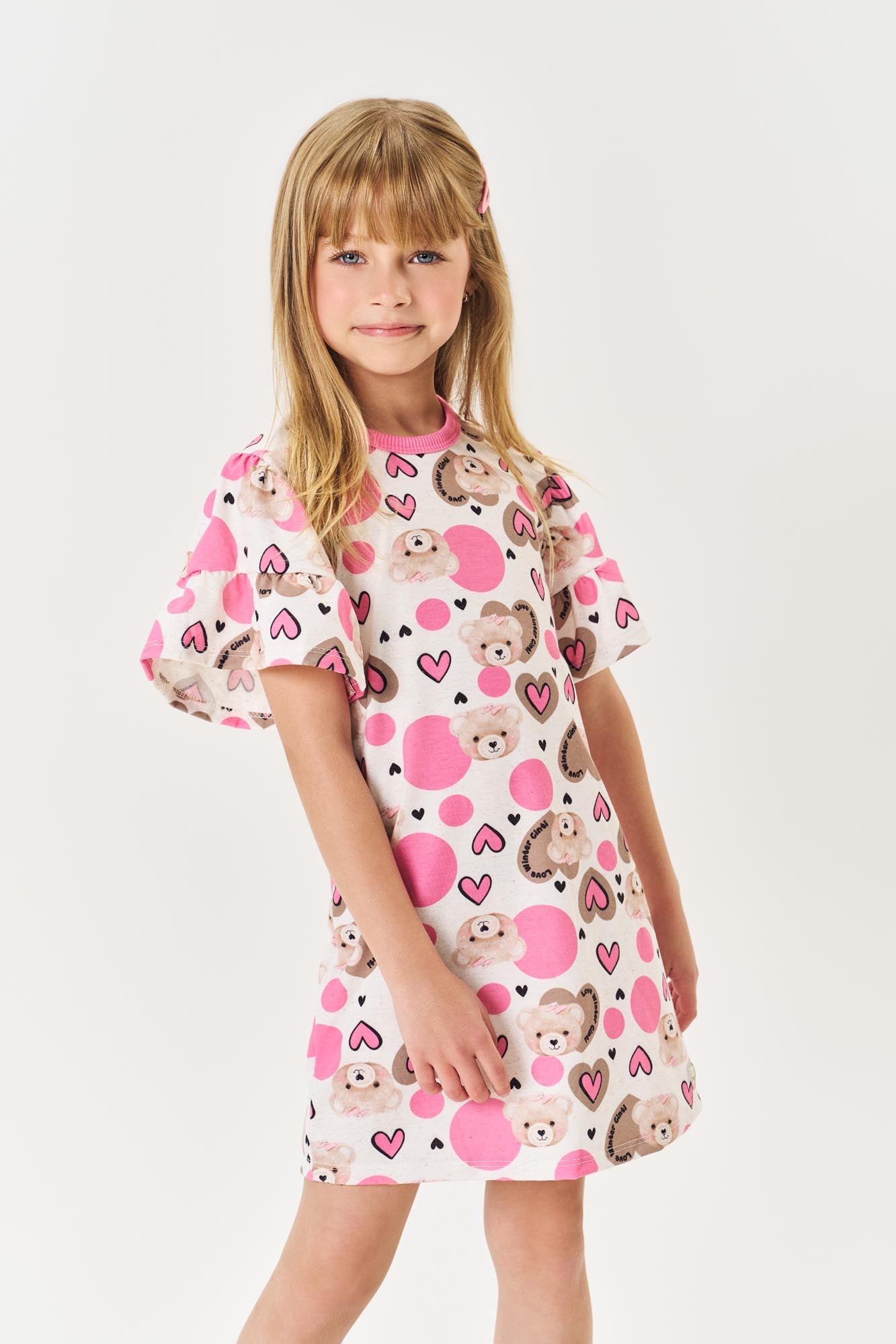 Vestido Infantil Menina Cinti Estampa Ursinhos e Corações Malha Linho