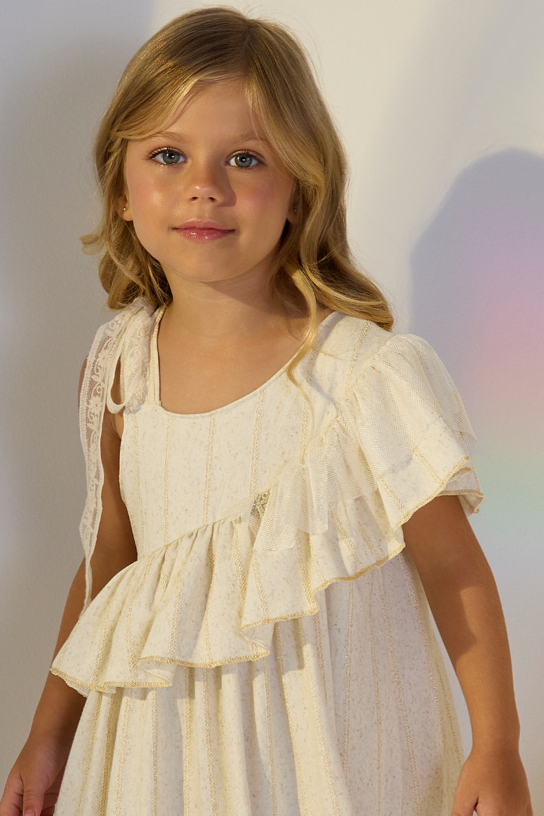 Vestido Infantil Off em Malha Linho com Renda Kiki Xodó