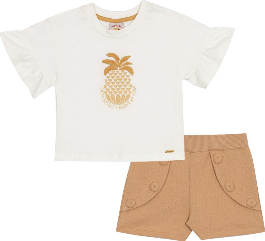 Conjunto Infantil Feminino de Algodão Shorts com Botões