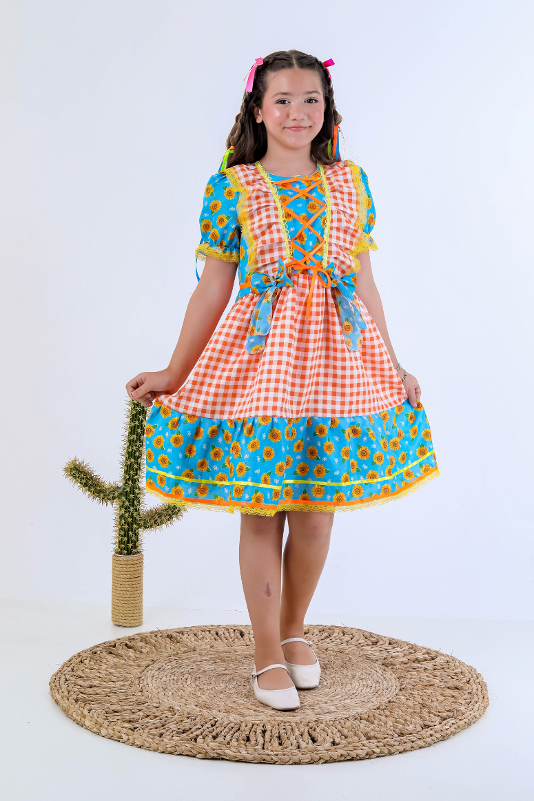 Vestido Xadrez Festa Junina Infantil Floral Girassol