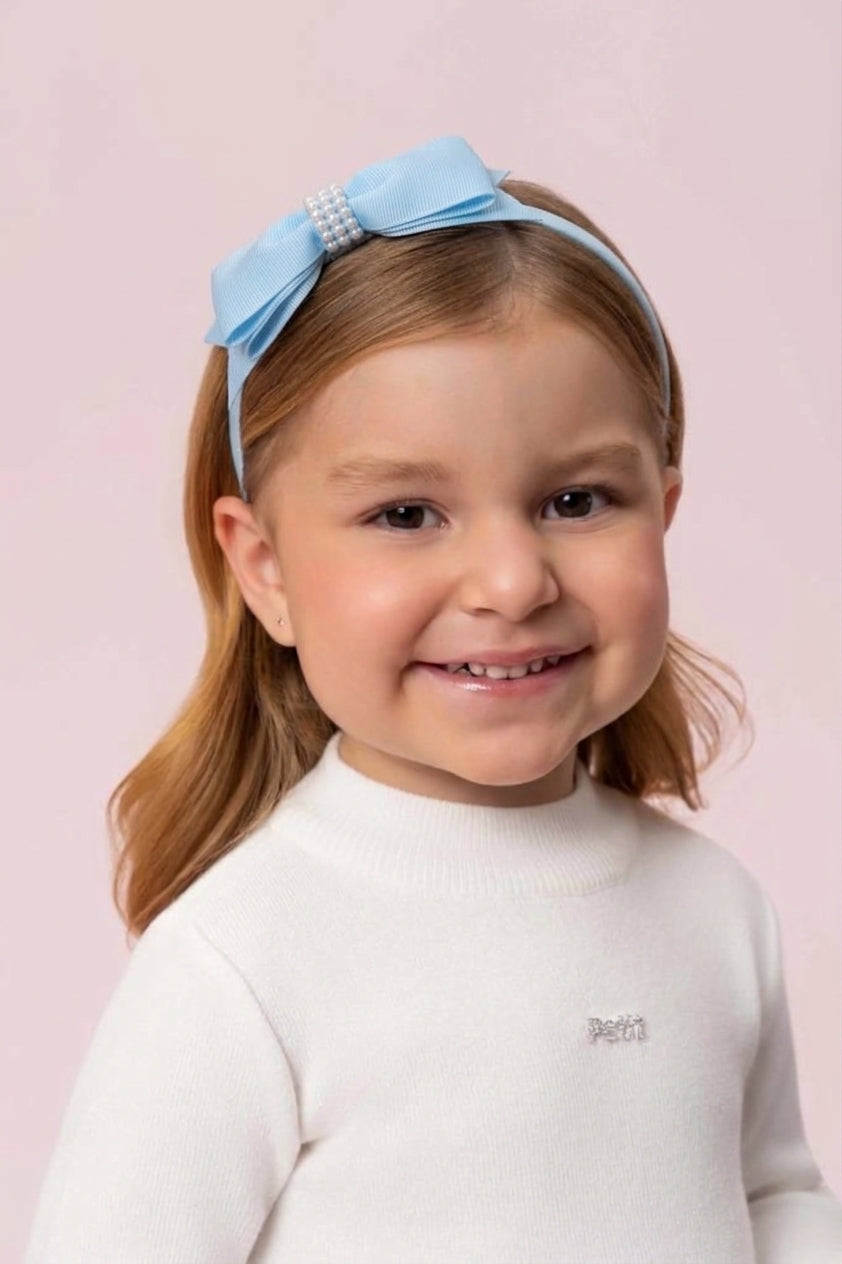 Tiara Infantil com Laço e Pérolas em Gorgurão Arco Flexível