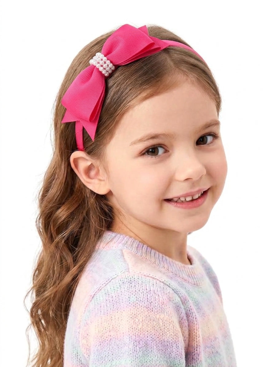 Tiara Infantil com Laço e Pérolas em Gorgurão Arco Flexível