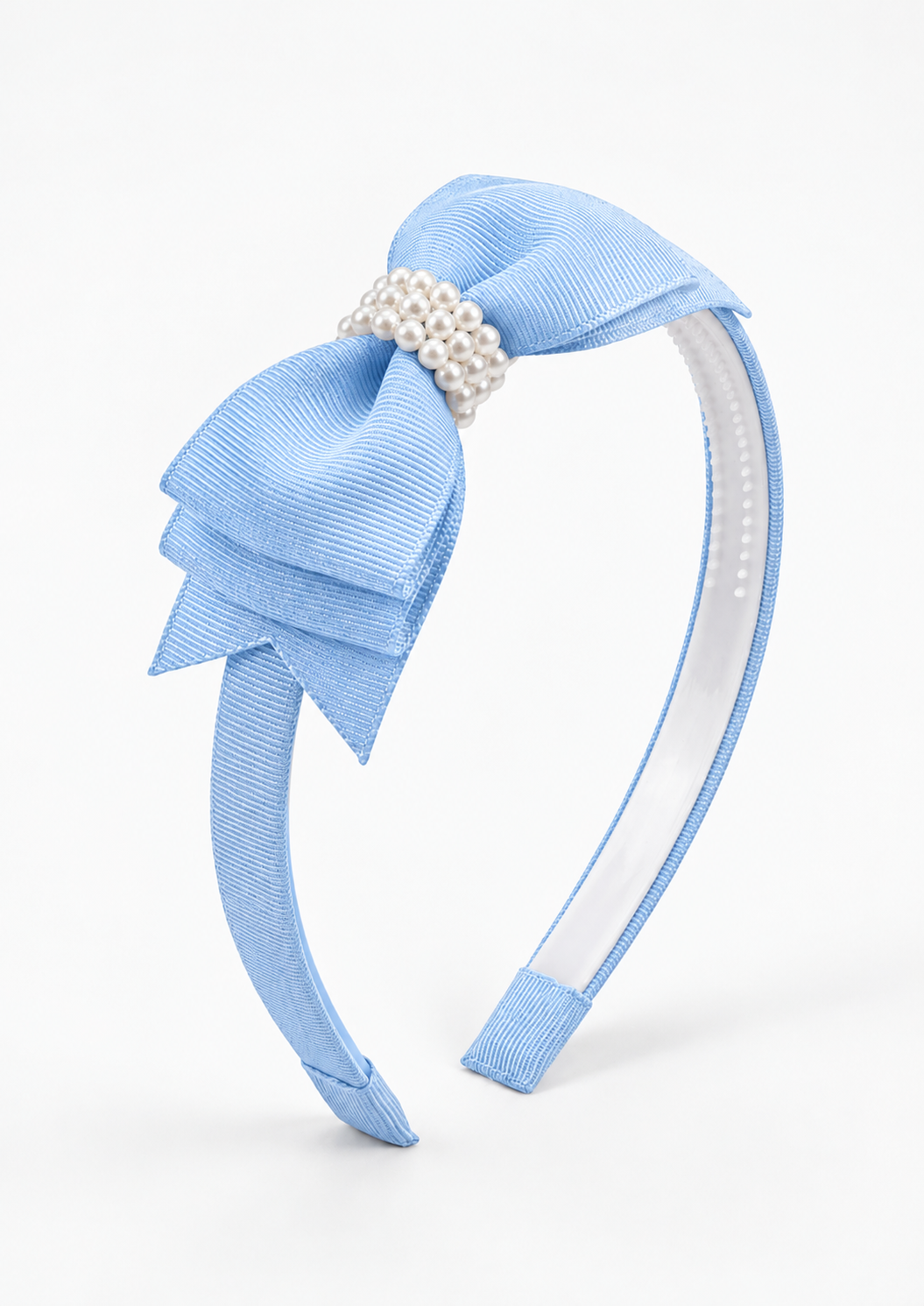 arquinho tiara infantil para meninas azul claro com pérolas 