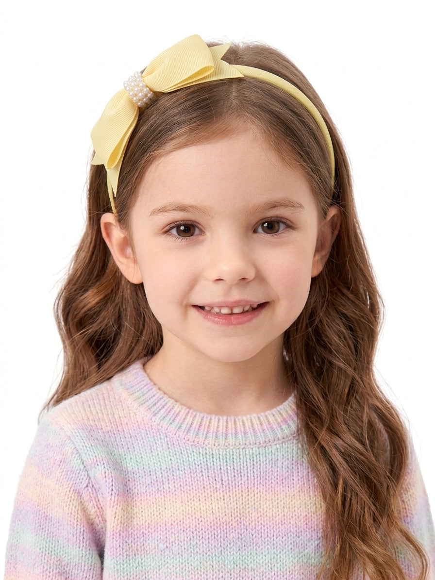 Tiara Infantil com Laço e Pérolas em Gorgurão Arco Flexível