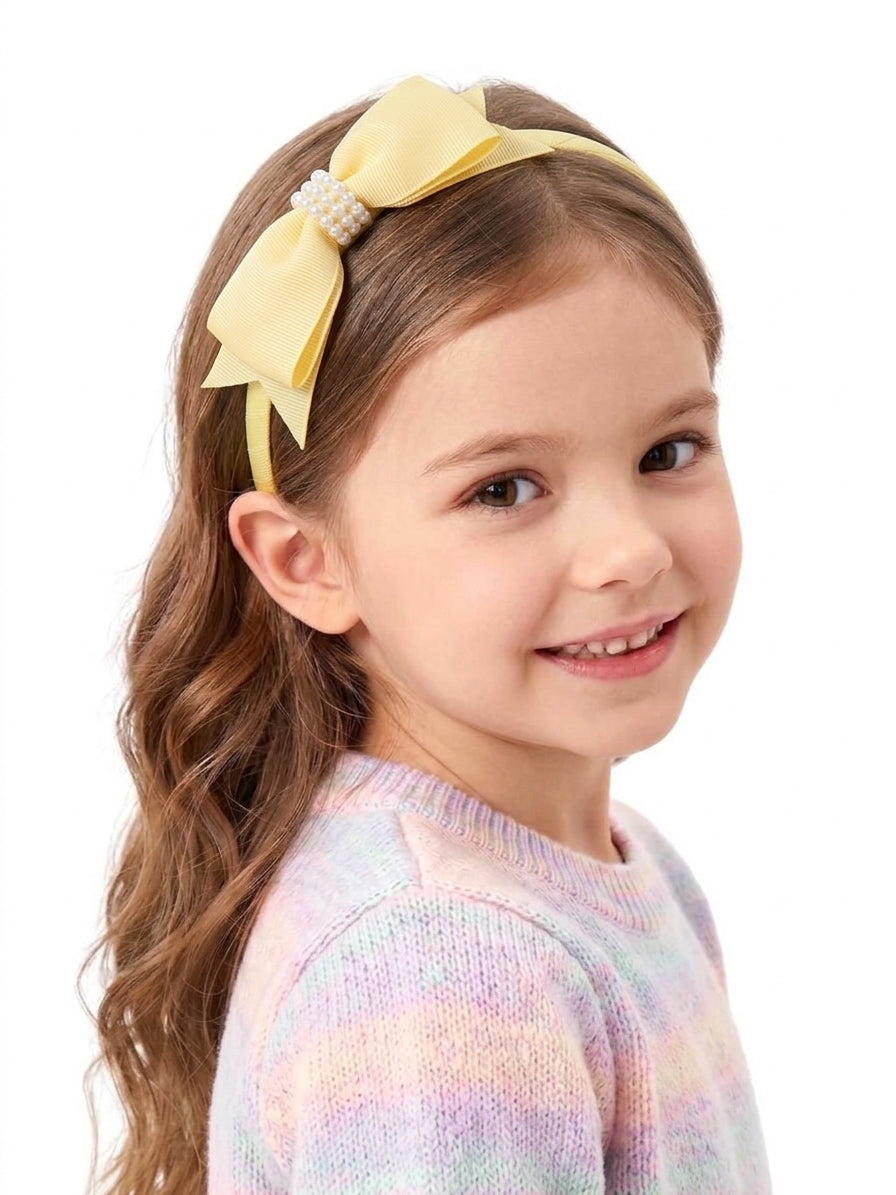 Tiara Infantil com Laço e Pérolas em Gorgurão Arco Flexível