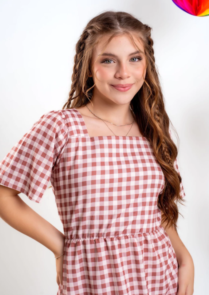 Vestido Xadrez Juvenil com Manga Básica para Quadrilha