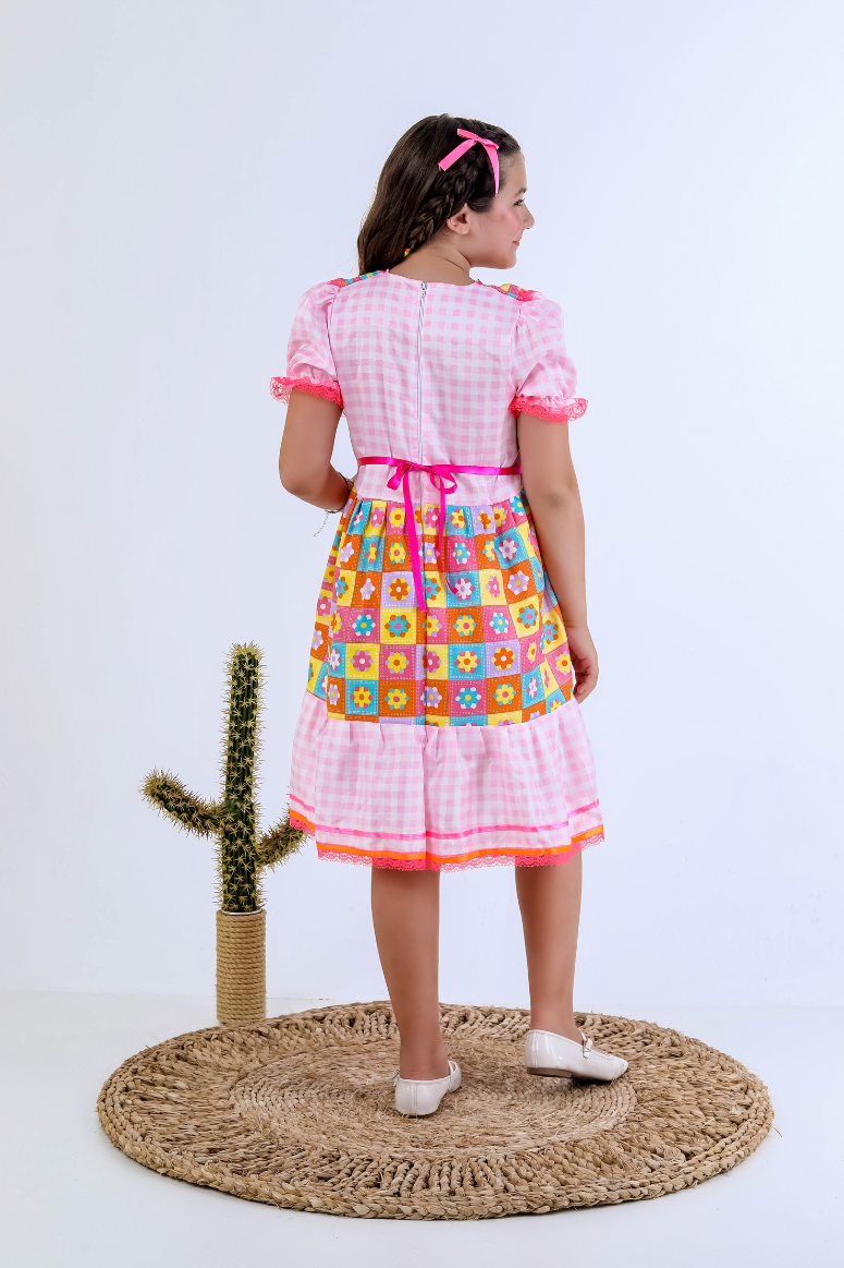 Vestido Festa Junina Infantil Xadrez Colorido Rosa