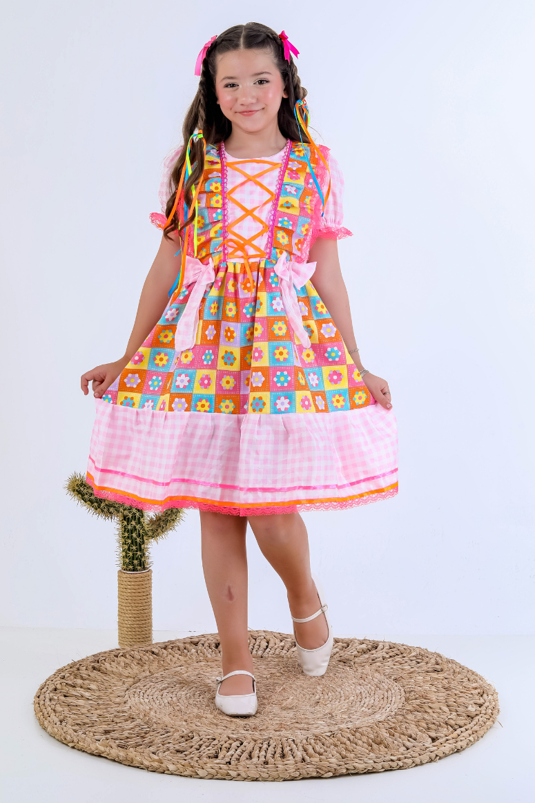 Vestido Festa Junina Infantil Xadrez Colorido Rosa