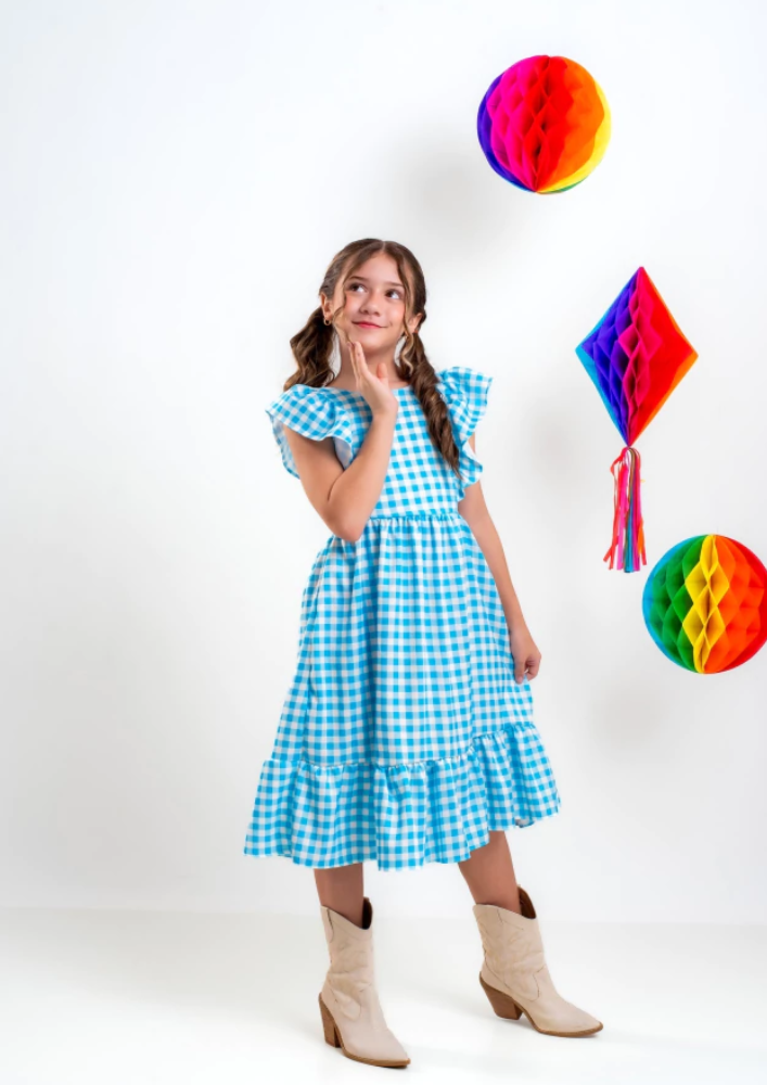 Vestido Infantil Festa Junina Xadrez Midi Azul