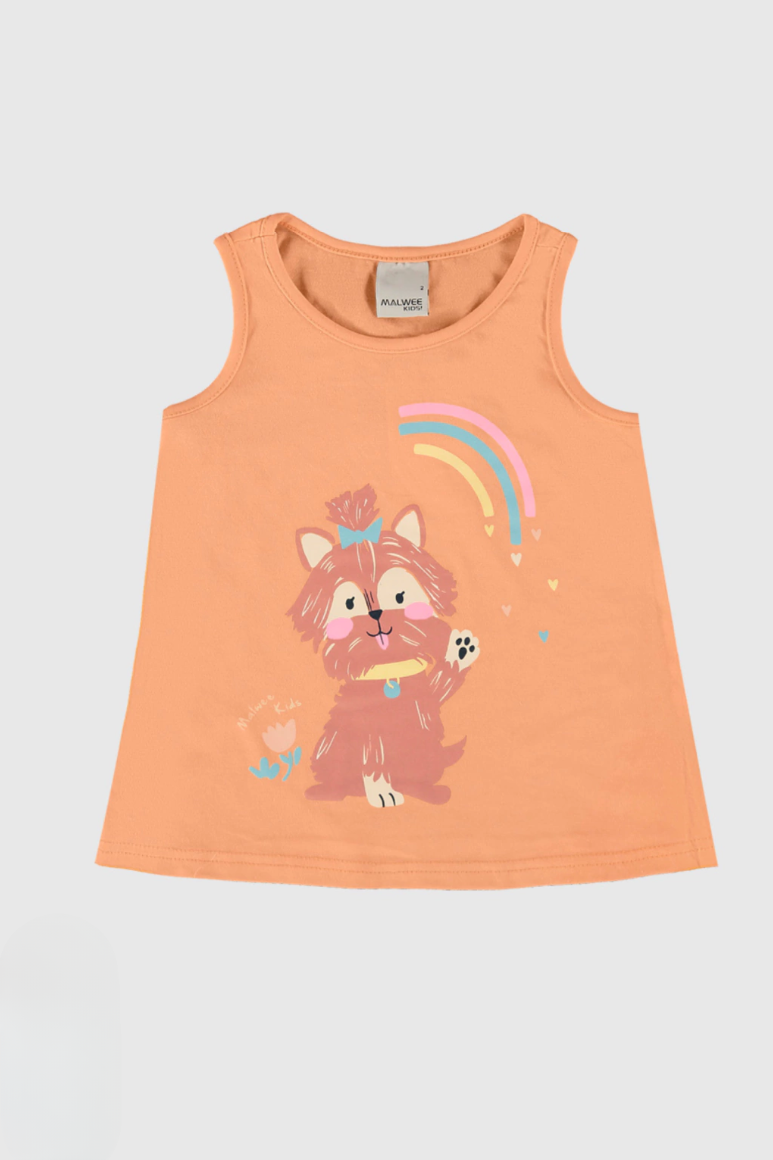 Camiseta Regata Infantil Meninas Laranja Estampa Cachorrinho Malwee 100% Algodão