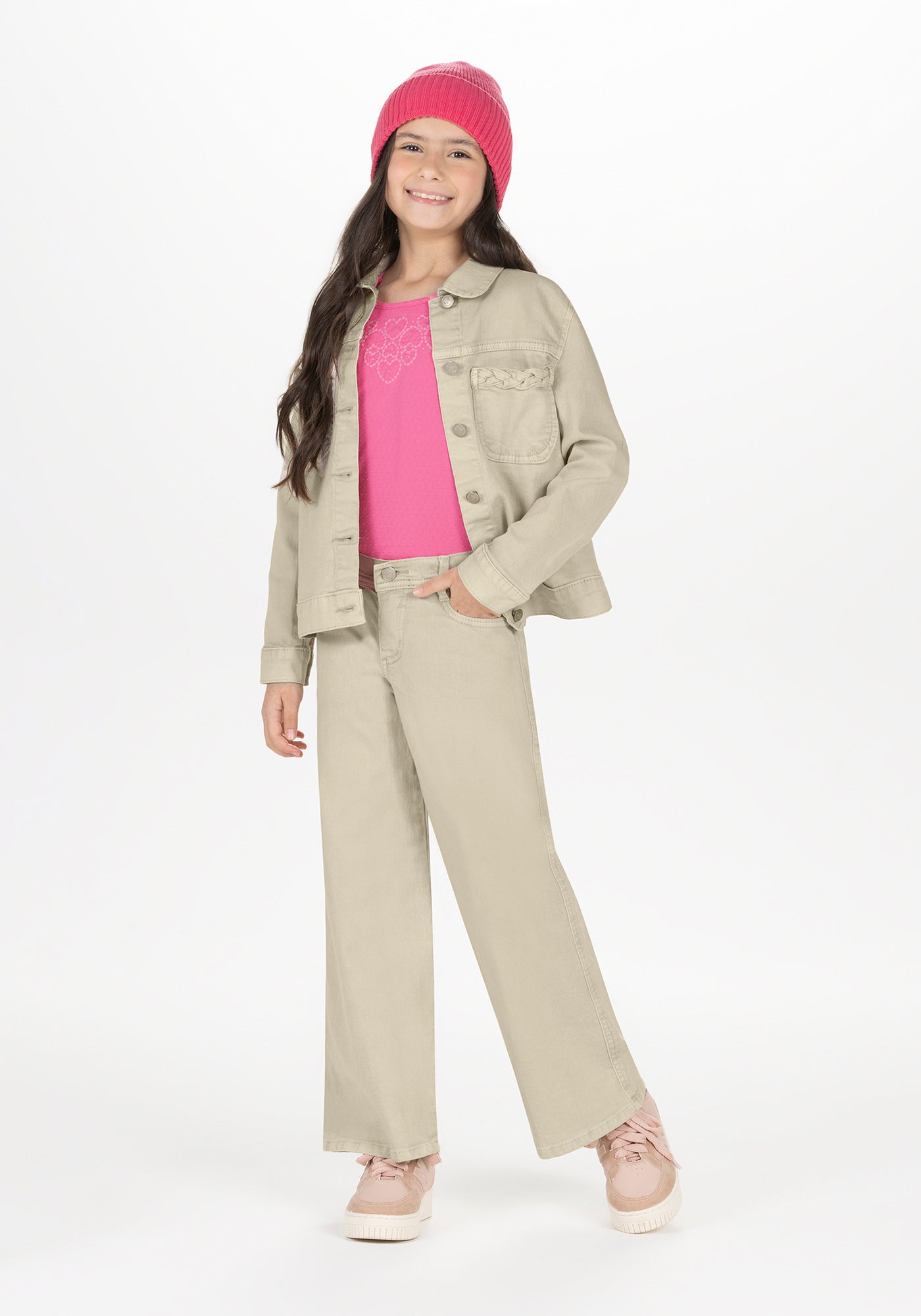 Jaqueta Sarja Infantil Meninas Rosa e Bege - Alakazoo