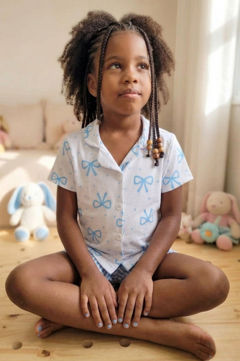 Pijama Americano Meninas Manga Curta Infantil Laços Azul