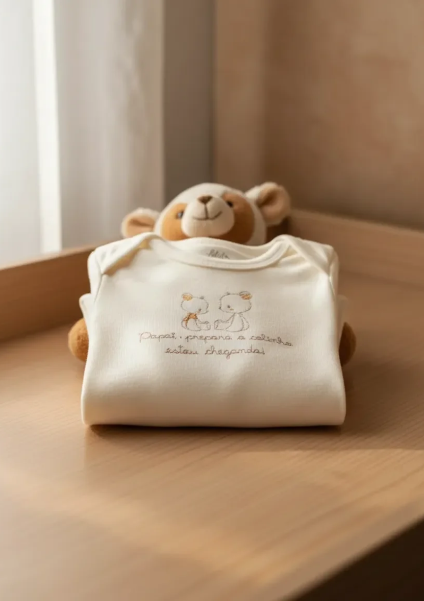 Body de bebê unissex off-white com bordado 'Papai prepara o colinho estou chegando' da marca Letut na Lúdica Moda Infantil.