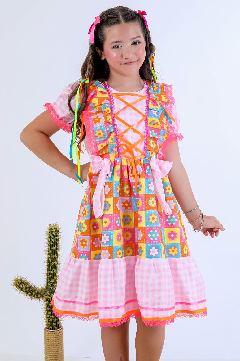 Vestido Festa Junina Infantil Xadrez Colorido Rosa