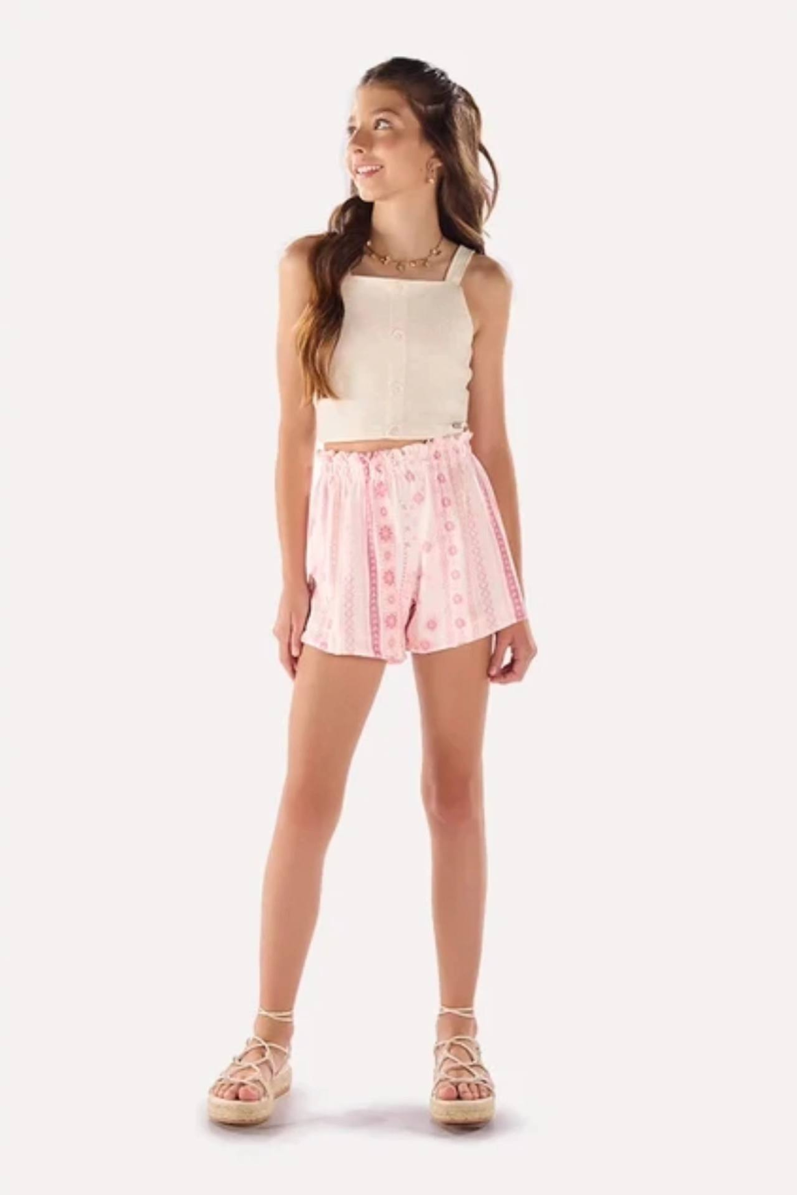 Conjunto Juvenil Cropped Bermuda Rosa Estampada