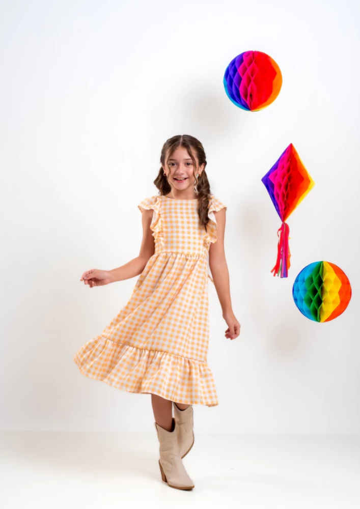 Vestido Infantil Festa Junina Xadrez Midi Amarelo