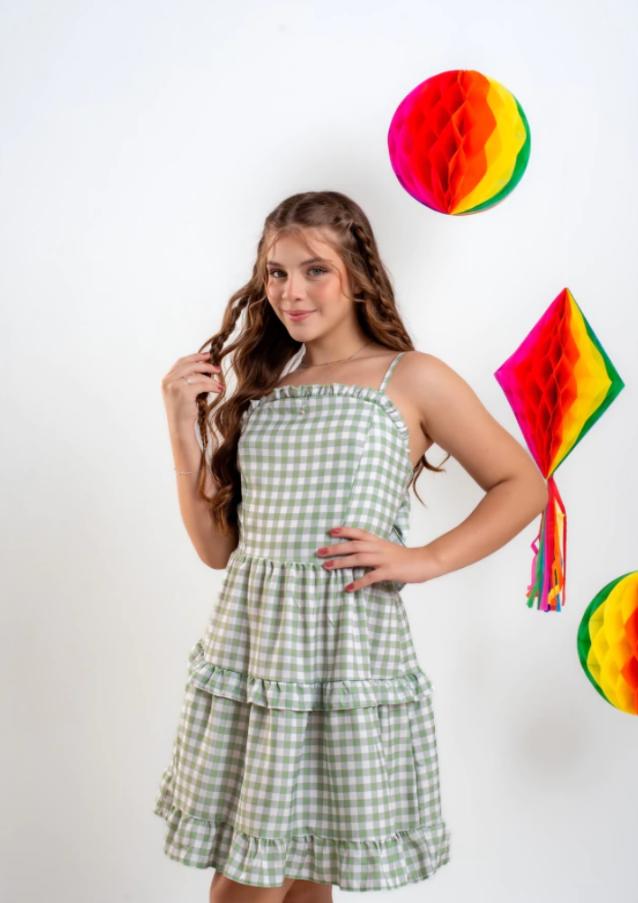 Vestido Teen Xadrez Verde Quadriculado Festa Junina Arraial Quadrilha