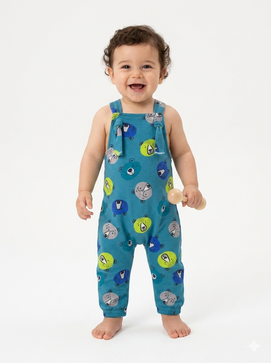 Macaquinho Jardineira Azul Estampa Urso Bebê Menino