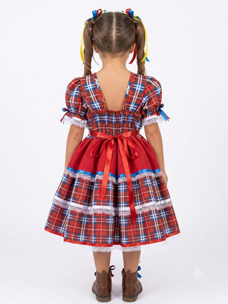 Vestido Infantil Festa Junina com Babados Luxo Quadrilha