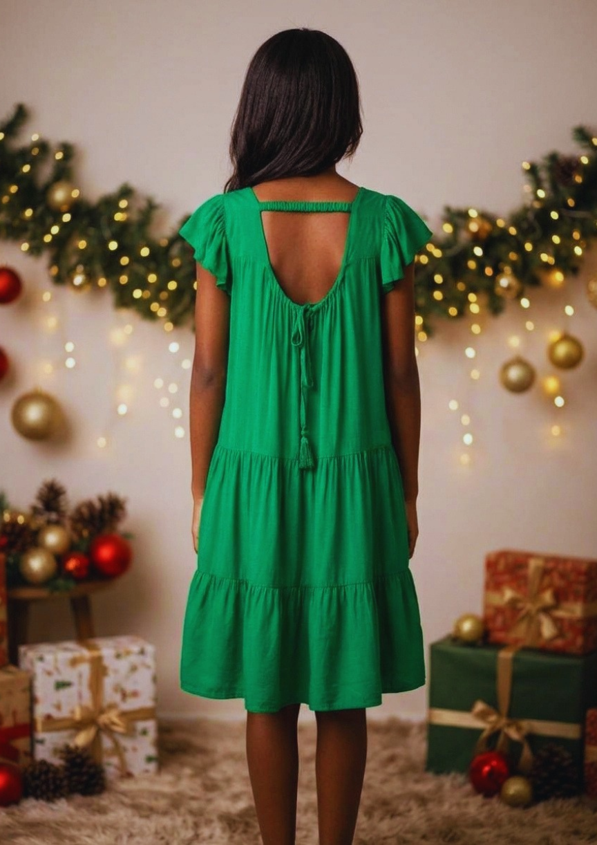 costas do vestido juvenil verde mostrando o decote e a amarração com cordão